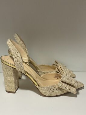 Jessica Simpson Cream Textured Bow Slingback Block Heels